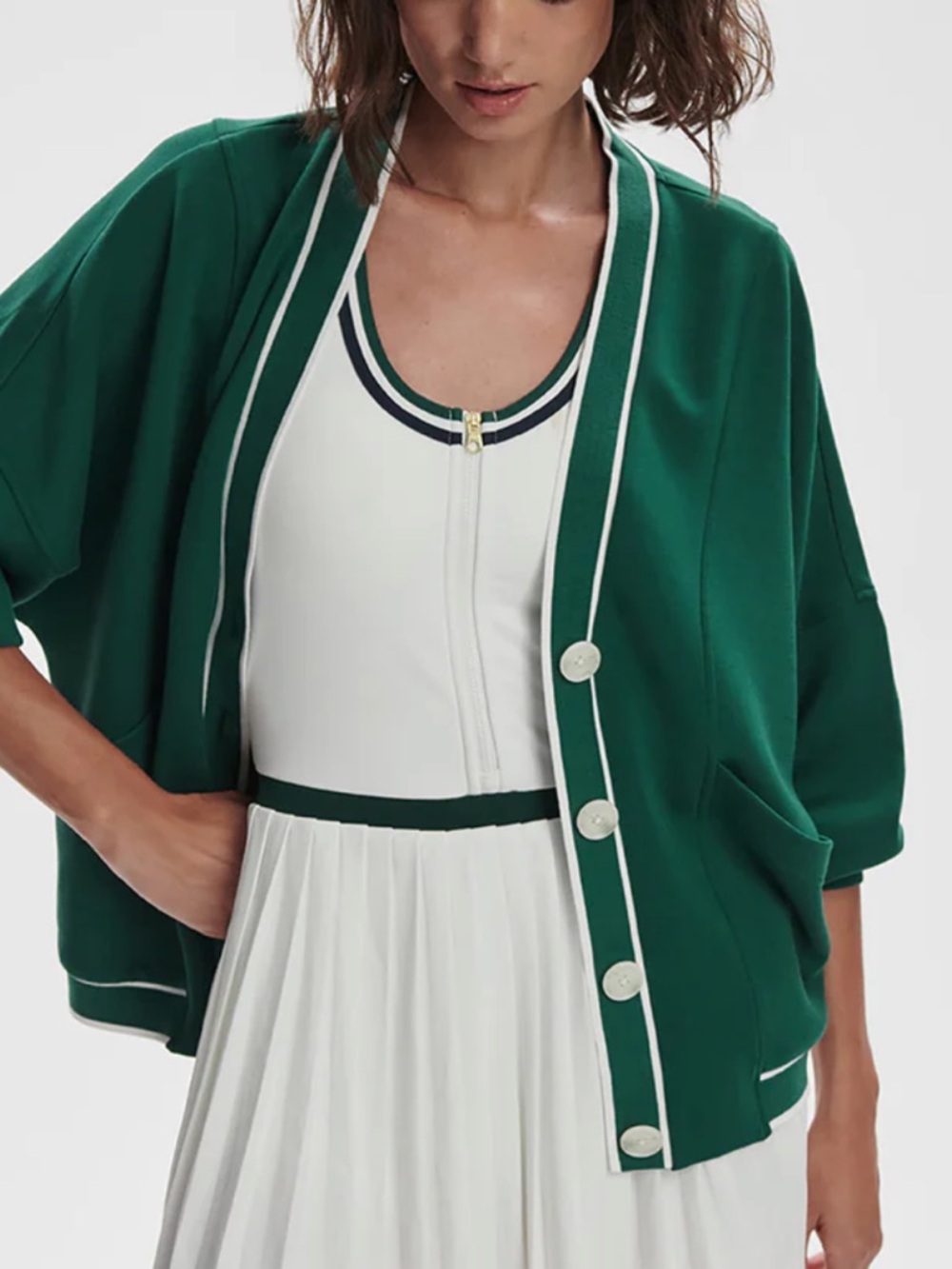 Varley Emerald Green V-Neck Button Cardigan with White Trim NEW - Picture 3 of 5